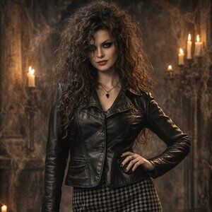 HP Bellatrix Lestrange Inspired Coords- Leather Jacket X Houndstooth Mini Dress